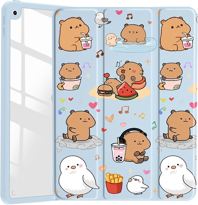 Musical Capybara for iPad mini 7th(A17 Pro) 2024 / Mini 6th Gen 8.3 2021 Kawaii Animal Clear Hard Back Hybrid Casewith Pencil Holder Trifold Stand Tablet Cover for Girls Women