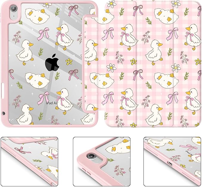 Case for iPad Air 11'' (M4 2026/M3 2025/M2 2024)/ iPad Air 10.9'' Air 5th /4th Gen Shockproof Cover with Clear Back Shell &amp Penceil Holder Auto Wake/Sleep Stand Cover Duck &amp Bow