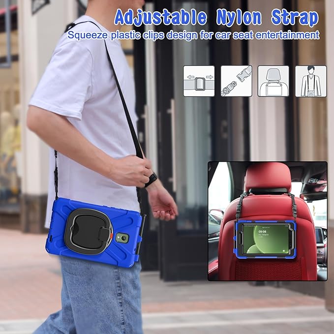 Rugged Case for Samsung Galaxy Tab Active5 5G (SM-X306B/X300) w/ 360° Rotating Hanging Ring Handle Grip Kickstand Heavy Duty Shock-Proof Armor Cover w/Shoulder Strap Stylus Holder (Blue)
