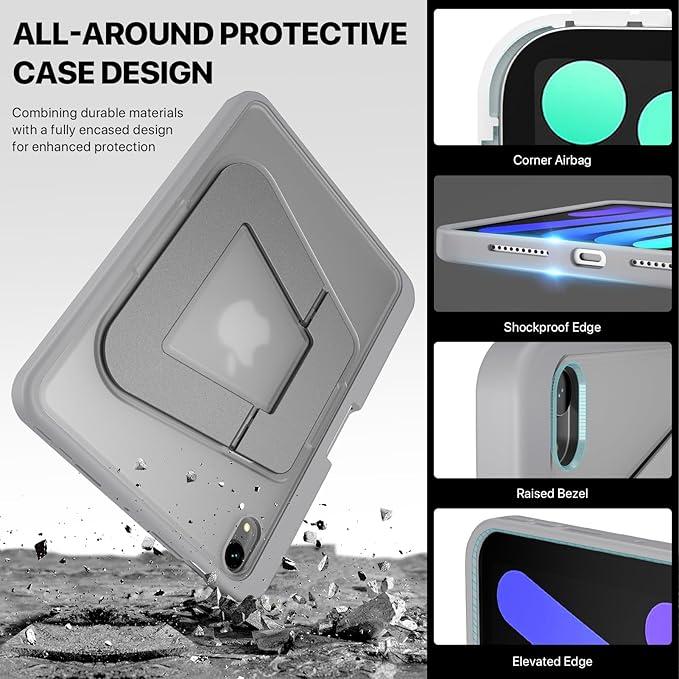 Case for iPad mini A17 Pro/iPad mini 6 Dual Multi-Angle Adjustable Kickstand Full Protective Case with Built-in Pencil Holder for Home Office School (Grey iPad mini A17 Pro/6th)
