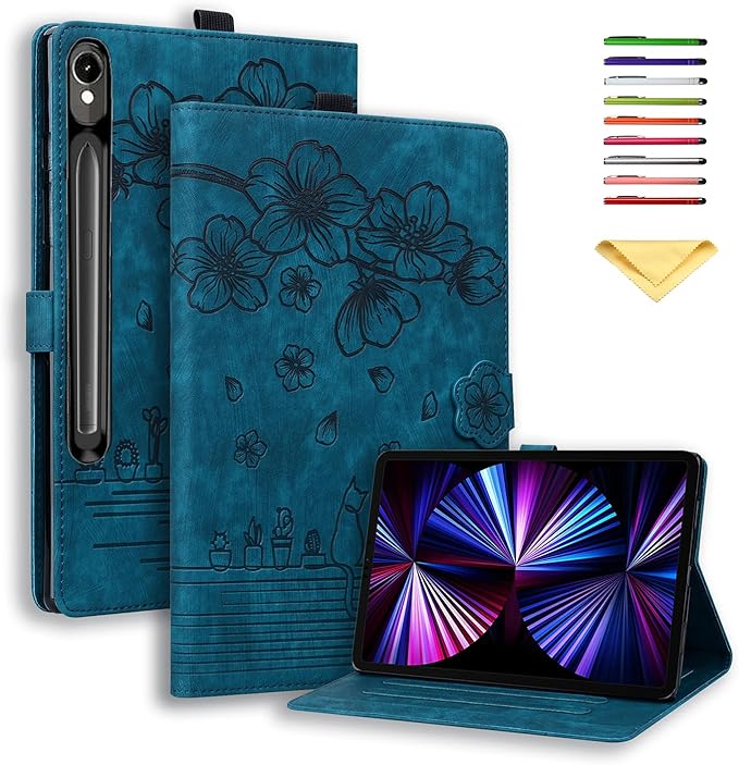 Case for Samsung Galaxy Tab S10 FE+/S10 FE Plus 13.1 Inch 2025 (SM-X620/SM-X626B) with Pencil Holder/Pockets Folio Stand Embossed Cherry Blossom PU Leather Magnetic Wallet Cover Blue Cat