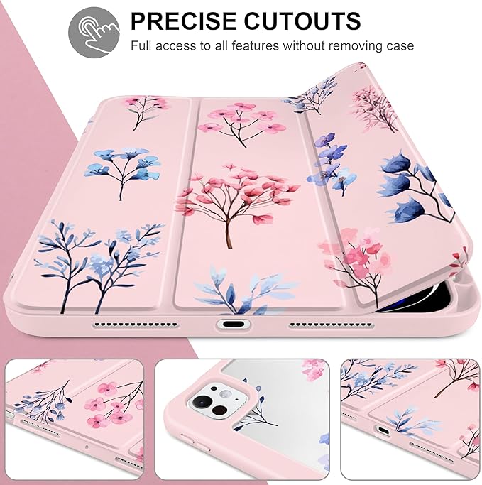 Case for iPad Pro 13 inch (M5) 2025 (M4) 2024 Release Slim Lightweight Cute Light Pink Cover with Clear Back TPU Edge Pencil Holder Trifold Stand Hand-Drawn Florals