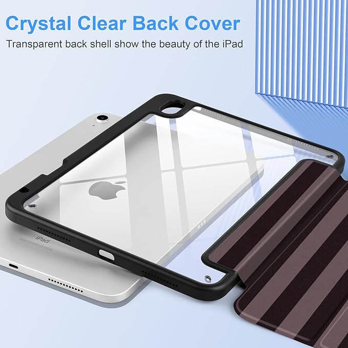 DONGKE Case for iPad (A16) 11th Generation 11 inch 2025 &amp iPad 10th Gen 10.9 inch 2022 [Built-in Pencil Holder] Clear Acrylic Back Trifold Stand Smart Cover Auto Sleep/Wake Brown Stripes