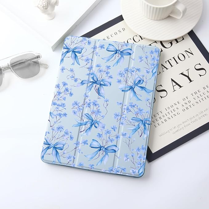 JOYLAND Blue Bow for iPad 10th Generation Case 10.9 inch/iPad (A16) 11th Generation 11 Inch 2025 with Pencil Holder-Trifold Stand Protective Cover with Soft TPU BackBlue