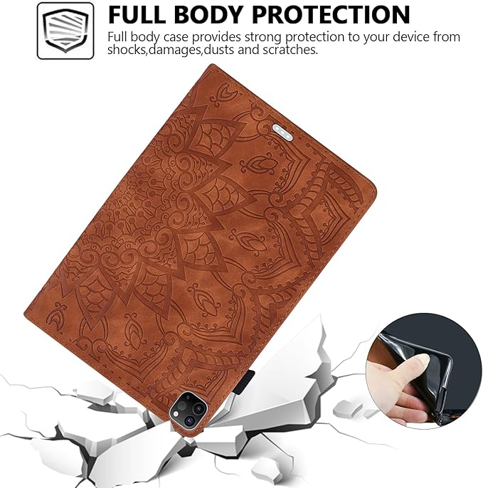 Folio Case for iPad Pro 11 M4 M5 (2024-2025) Techcircle Anti-Slip Stand Mandala Embossed PU Leather Soft TPU Back Protective Cover with Elastic Strap Card Slots &amp Pencil Holder Brown