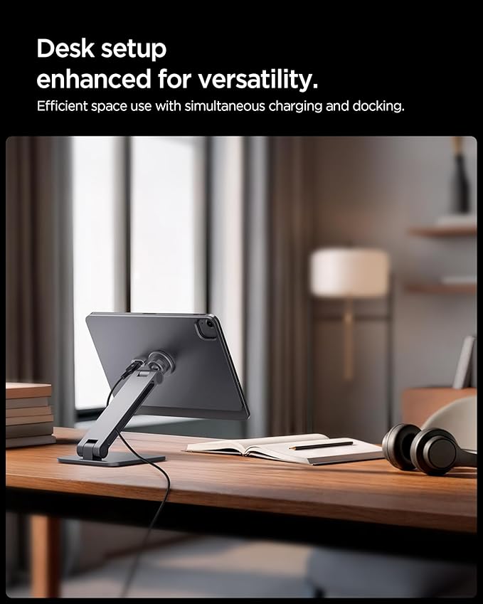 Spigen for Magnetic Wireless Charging Stand Compatible with iPad Air11 M3/M2 10.9 Pro 11 Gen 2/3/4 Foldable Adjustable Aluminum Pogo Pin Charger Tablet Holder Desk Mount - Space Gray (LD207W1)