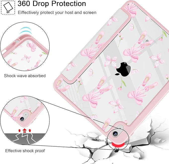 May Chen Case for iPad Air 13 Inch M4 2026 M3 2025 M2 2024 [Built-in Pencil Holder] Shockproof Cover with Clear Transparent Back Shell Auto Sleep/Wake Cover Ballet Shoes