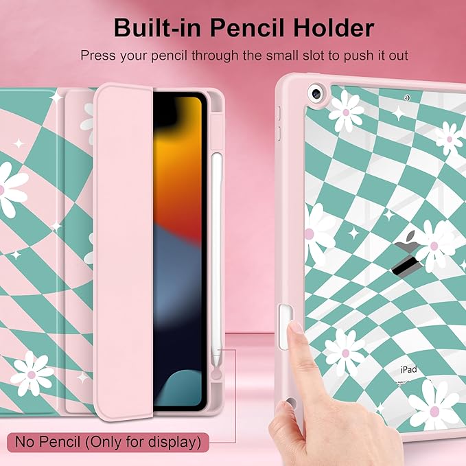 DONGKE for iPad 9th/8th/7th Generation Case 10.2 Inch (2021/2020/2019) [Auto Sleep/Wake &amp Pencil Holder] Clear Acrylic Back Trifold Stand Cover Checkered &amp Daisy