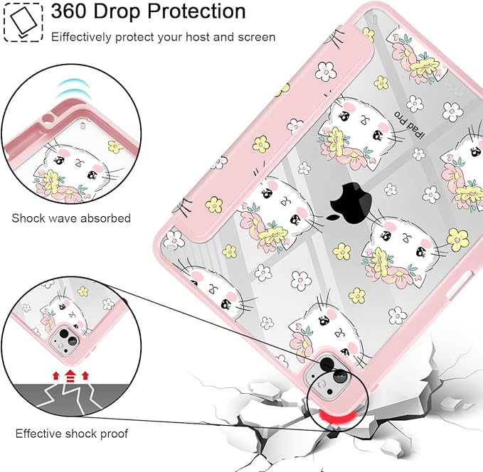 May Chen Case for iPad Pro 11-Inch M5/M4 2025/2024 (6th/5th Generation) [Penceil Holder] Trifold Stand Auto Wake/Sleep Clear TPU Protection Back Cover Cat &amp Flowers