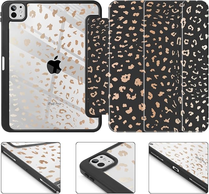 May Chen Case for iPad Pro 11-Inch M5/M4 2025/2024 (6th/5th Generation) Clear Transparent Print Back Shell Slim Stand Shockproof Tablet Cover Auto Wake/Sleep Leopard Print