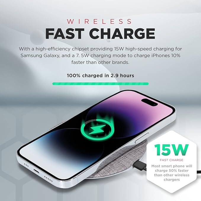 Wireless Fast Charger 15W Aluminum Fast Charging Pad USB-A to USB-C Cable Included Compatible with iPhone Apple &amp Android AC Adapter Included | Gray