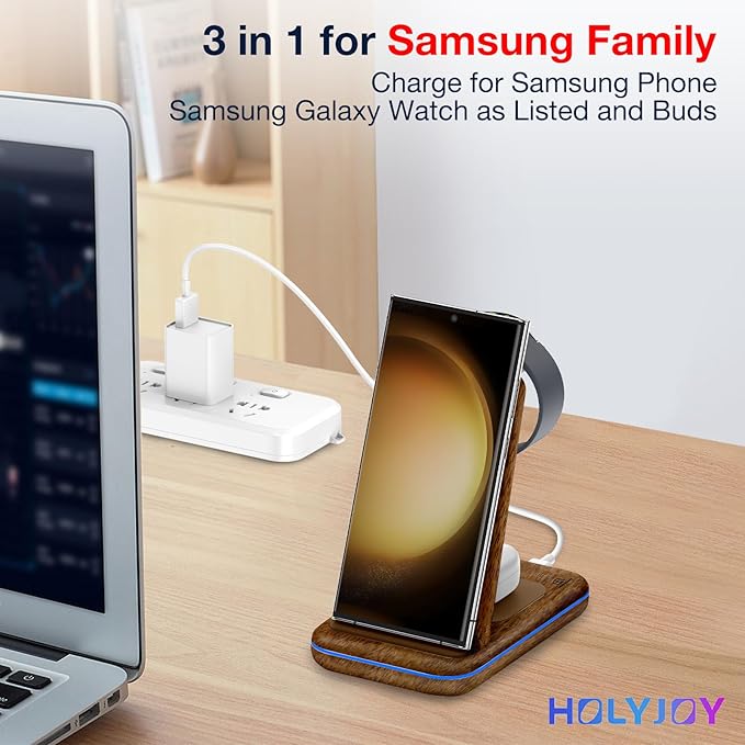 Wireless Charger for Samsung/Android HOLYJOY Foldable 3 in 1 Fast Charging Station/Stand/Multi Charger for Samsung S25 Ultra/S24/Note 20 Travel Pad for Galaxy Watch 8/7/6/5/Active 2 for Buds(Wood)