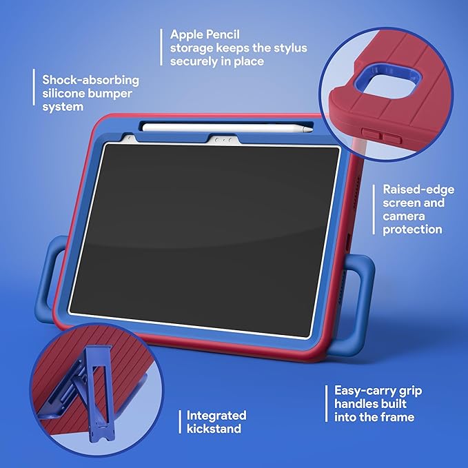 Incipio - Kids Silicone Bumper Case for iPad 11th Gen 4ft Drop Protection Built-in Kickstand Easy-Grip Handles Durable Protective Cover (Blue)