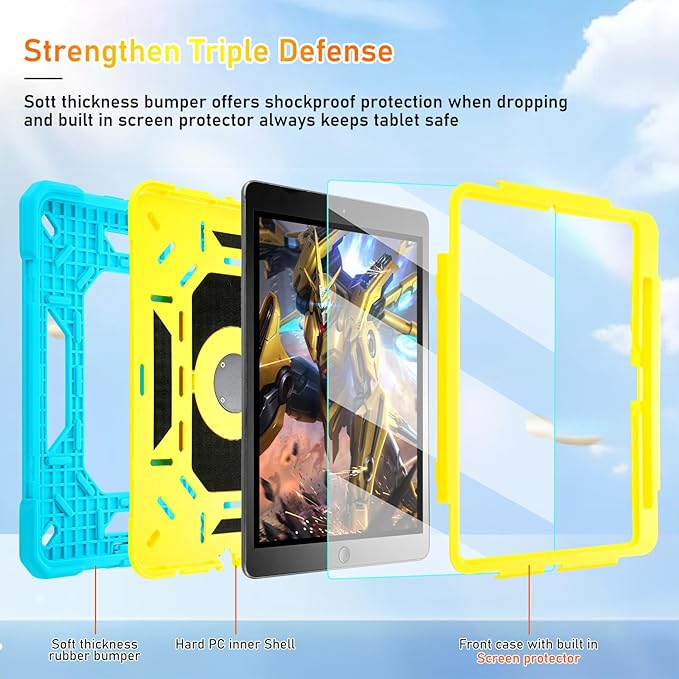 KCJ for iPad Pro 11 Case (M4) 2024with Tempered Glass Screen ProtectorCute Protective Case with Folding Stand/Pencil Holder/Shoulder Strap for iPad Pro 11 2024 (5th Generation) (Blue+Yellow)