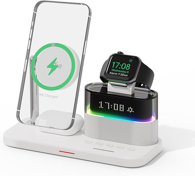 15W 5 in 1 Wireless Charging Station with Alarm Clock for Apple Magnetic Wireless Charger with Clock for iPhone 17/16/15/14/13/12 iWatch Ultra10/9/8/7/6 Pods