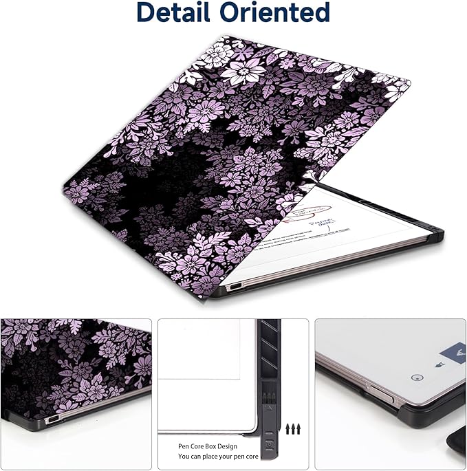 Case for Remarkable Paper Pro Tablet 11.8 (2024 Released) Lightweight and Hard Back Shell Protective Book Folio CoverHave Auto Sleep/WakePen Holder and Pen Tips Box (Light purple flowers)