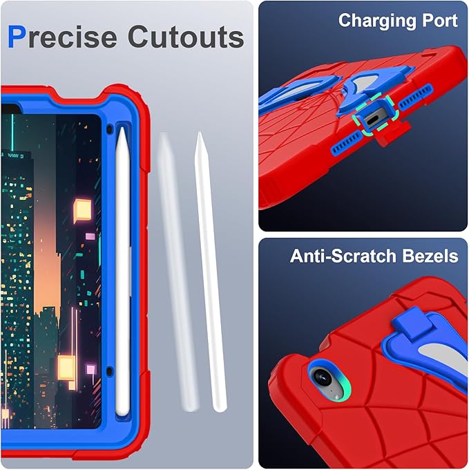 Kids Case for iPad mini 7 A17 Pro 2024/ Mini 6 8.3 inch Spider Case for iPad mini 7th 6th Generation Shockproof Durable Full Protective Cover with Pencil Holder Kickstand (Red+Blue)