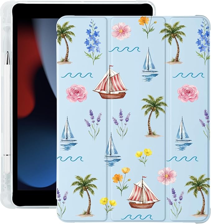 Cute Palm Tree Flower for iPad Air 13 Inch Case M3 2025/M2 2024 with Pencil Holder Auto Sleep/Wake Blue Leather Soft TPU Back Cover