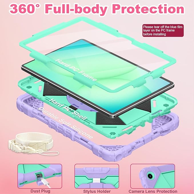 WESOROL Case for Samsung Galaxy Tab A11 Plus Galaxy Tab A9 Plus 11 InchShockproof Cover for Samsung Tablet A11+/A9+ Case with Screen Protector 360 Rotating Stand Pencil HolderPurple Green