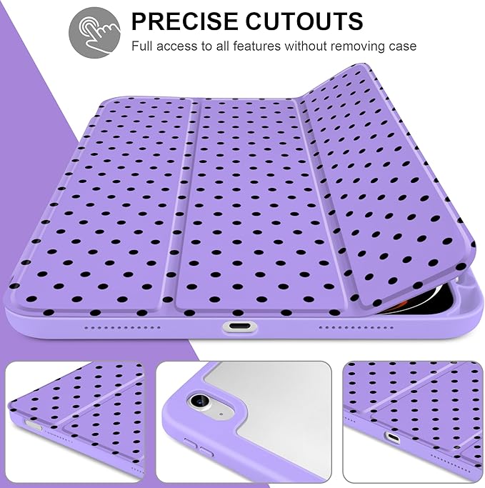 Case for iPad A16 11th Generation 11 inch 2025 iPad 10th Generation 10.9 inch 2022 -[Built-in Pencil Holder] Shockproof Clear Hard Back Trifold Stand Auto Wake/Sleep Purple Polka dot