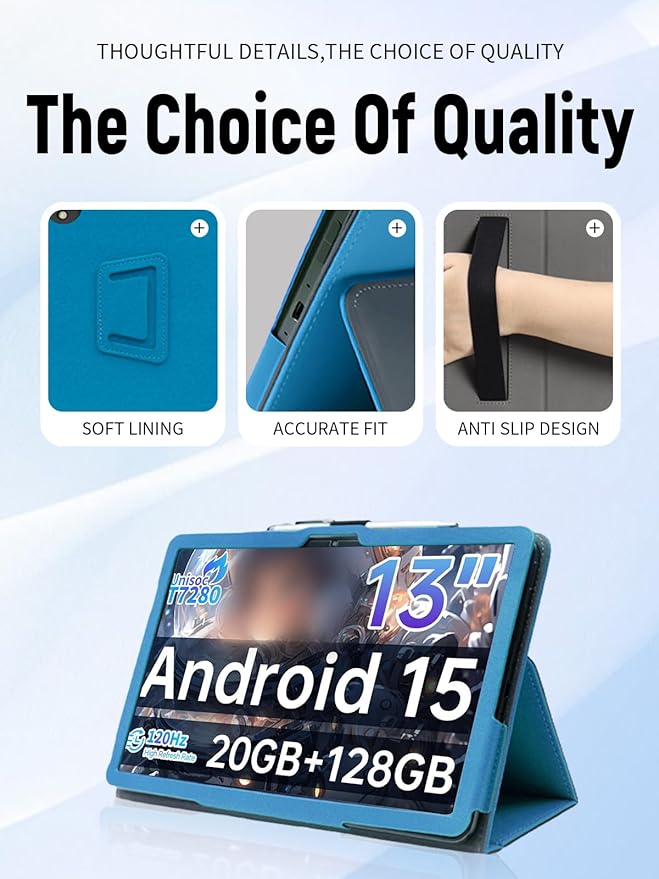 for TECLAST T65 13.4 Inch Tablet Case PU Leather Folding Cover with Pen Holder and Wrist Strap Business Travel Portable (Light Blue)