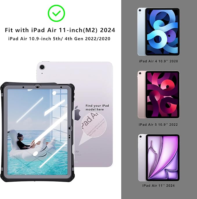 MRUOZRUI Waterproof Tablet Case for iPad Air 11inch 6th M2 2024/ 7th M3 2025 8th M4 2026 5/4 10.9inch Built-in Screen Protector Pencil Holder Fit with Magic Keyboard Strap Kickstand Black &amp G