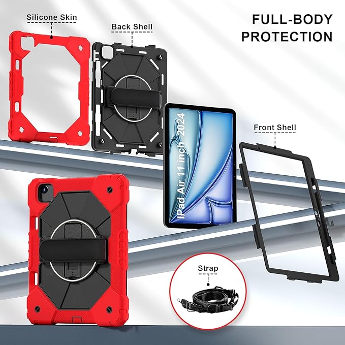 tab case for iPad Air 11 inch (M2) 2024 Shockproof Protective Case with 360° Rotate Kickstand/Hand Strap/Shoulder Strap for iPad Air 6th Generation CaseRed+Black