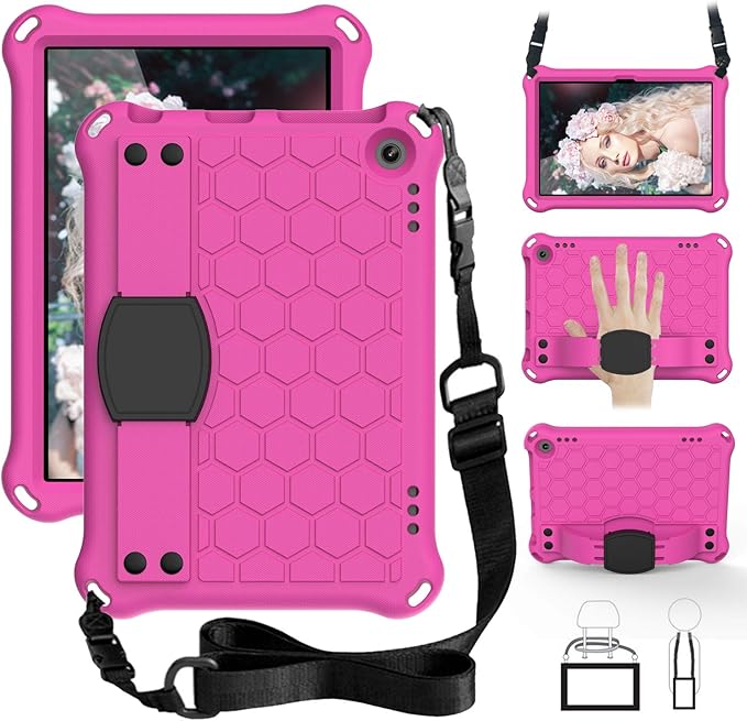 Bumper Case for Fire HD 8/Plus 10th Gen (2020 Only) Techcircle Shockproof Hand Belt Stand Cover Kids EVA Foam Honeycomb Protective Case with Shoulder Strap Handle Light Cover Rose