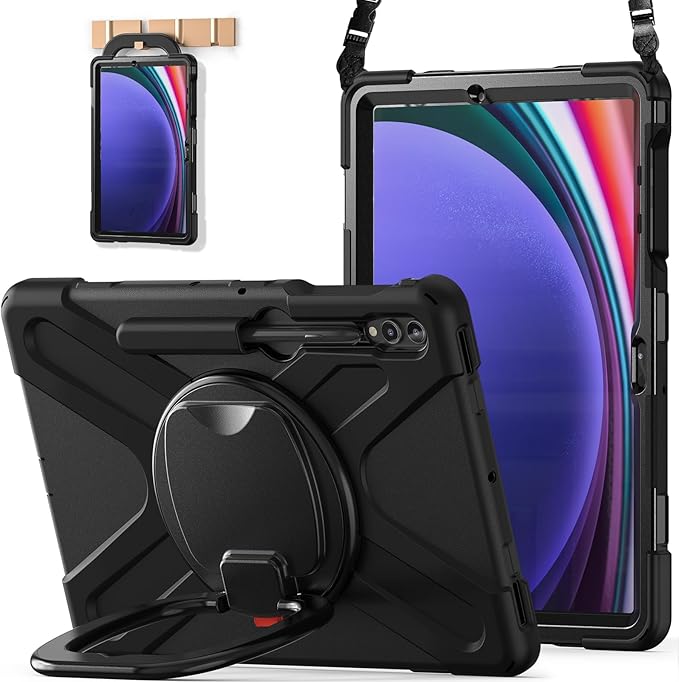 BATYUE Case for Samsung Galaxy Tab S10+ Plus /S9 FE+ Plus /S9+ Plus /S8+ Plus /S7+ Plus /S7 FE 5G 12.4 inch Shockproof Protective Tablet Case with Shoulder Strap Kickstand Black