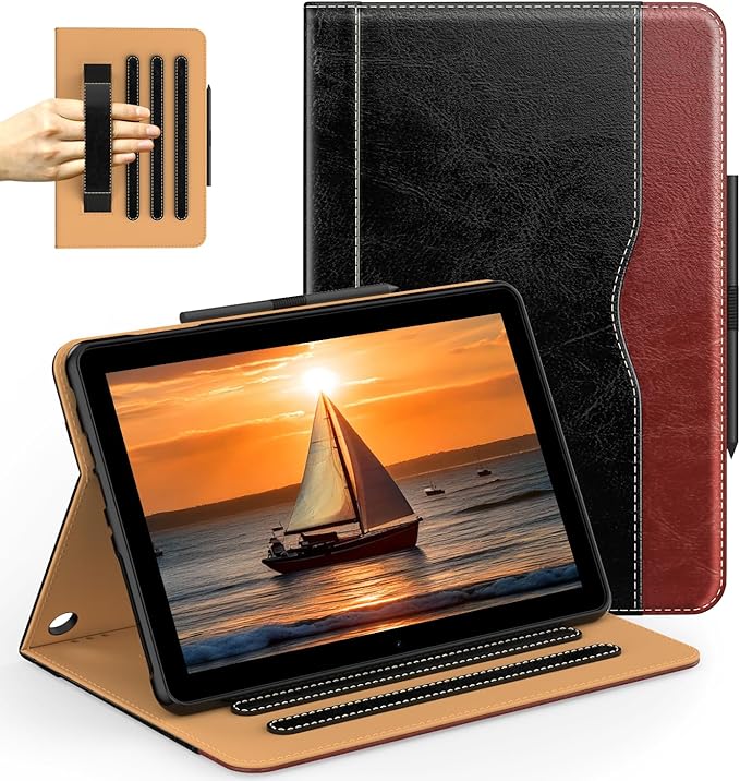 Grifobes Case [Only for 2024/2022/2020 Released 12th/10th Generation] Fire HD 8/8 Plus Premium PU Leather Folio Auto Wake/Sleep Cover with Hand Strap/Stylus Holder Black/Brown