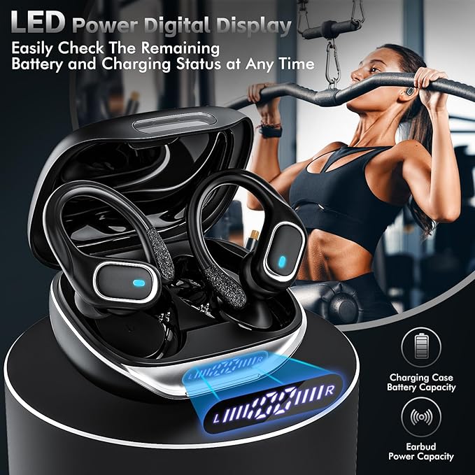 Wireless Earbuds Bluetooth 5.3 Headphones with 80H Playback IPX7 Waterproof Over Ear Buds with LED Power Display for Sports Running Workouts