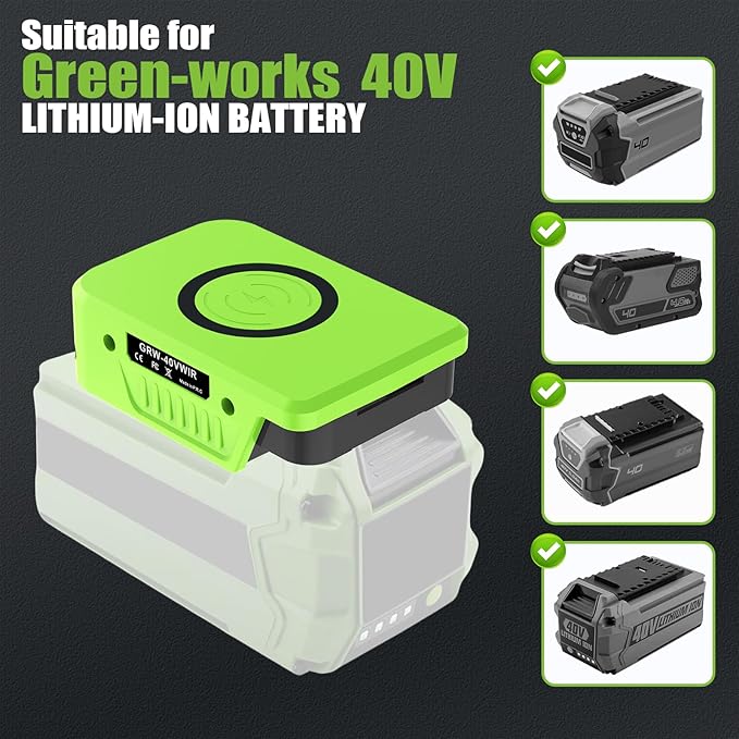 Wireless Charger for Greenworks 40V G-MAX Battery 29472 2946215W Max Wireless Charging Adapter with USB &amp Type C PortsTool Battery Phone Charger for Camping Workshop Outdoor