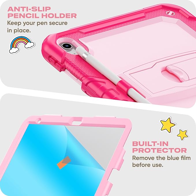 HXCASEAC Kids Case for iPad A16 11th/10th Generation Full Body Protective Design | Foldable Stand | Screen Protector | Pencil Holder Durable for iPad 11th Gen 11 inch / 10th Gen 10.9 inchHot Pink