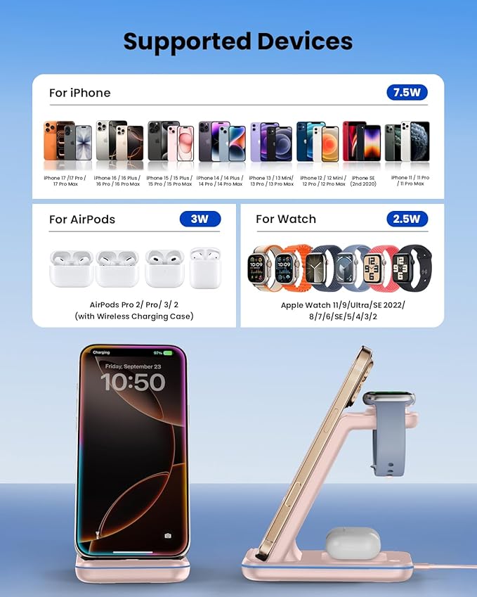 3 in 1 Wireless Charging Wireless Charger Stand for Multiple Apple Devices Wireless Charger for iPhone 17 16 15 14 13 12 11 Pro Max XS XR 8 Apple Watch 11 9 8 7 6 SE 5 4 3 2 AirPods 3/2/Pro