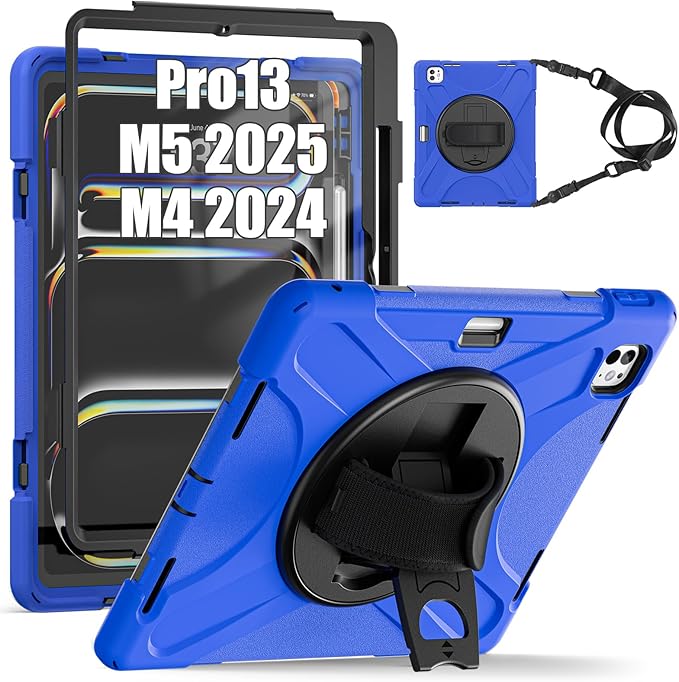 TSQQST Case for iPad Pro 13 Inch M5 2025 / M4 2024 with Screen Protector Heavy Duty Rugged Protective Case with Pencil Holder+Stand+Hand Strap Drop Proof Cover for iPad Pro 13 Blue