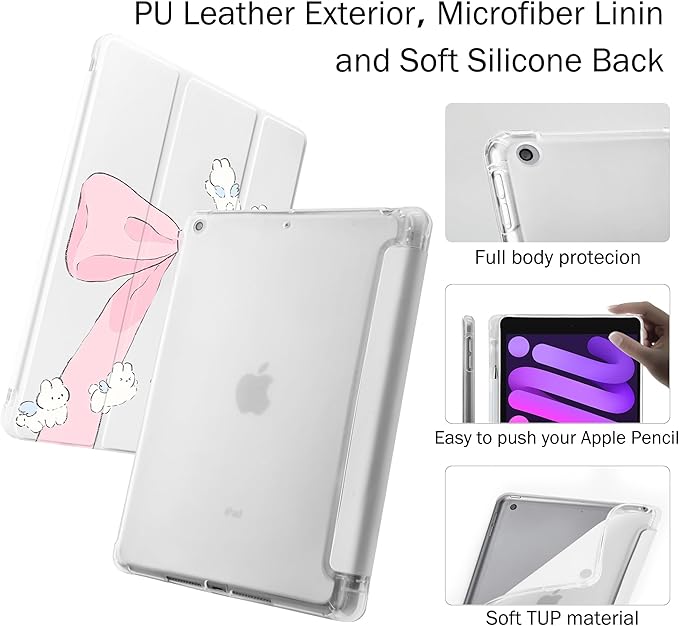 Idocolors Case for iPad 11 inch (A16 Chip) 2025 Generation 11th / iPad 10.9 inch 2022 10th Gen Built-in Pencil Holder with Soft TPU Shockproof Back Shell Auto Wake/Sleep Bunny Bow-White