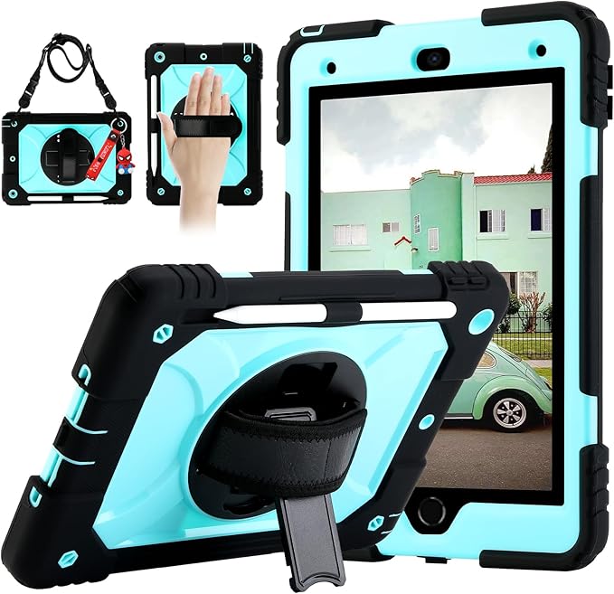 for iPad 9th/8th/7th Generation CaseiPad 10.2 Case 2021/2020/2019 with Cute Key Chain Rugged Protective Case with 360°Rotating Stand &amp Shoulder Hand Strap &amp Pen Slot for 10.2 Inch (Black+Aq