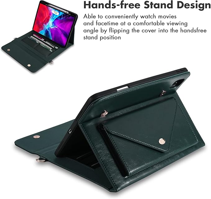 Dteck Case for iPad Air 13 (M2) 2024/iPad Pro 12.9 inch 6th/5th/4th/3rd GenerationPremium PU Leather Folio Stand Cover Pencil Holder Zipper Pocket Strap Shockproof Protective Business CaseGreen