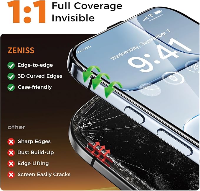 NeverBreak 9H+ Hardness for iPhone Air Screen Protector 12FT Military Grade Protection (Scratch Shatter Drop Resistance) Tempered Glass Full Edge Coverage 6.5 2025 2 Pack with De-Bubble Card
