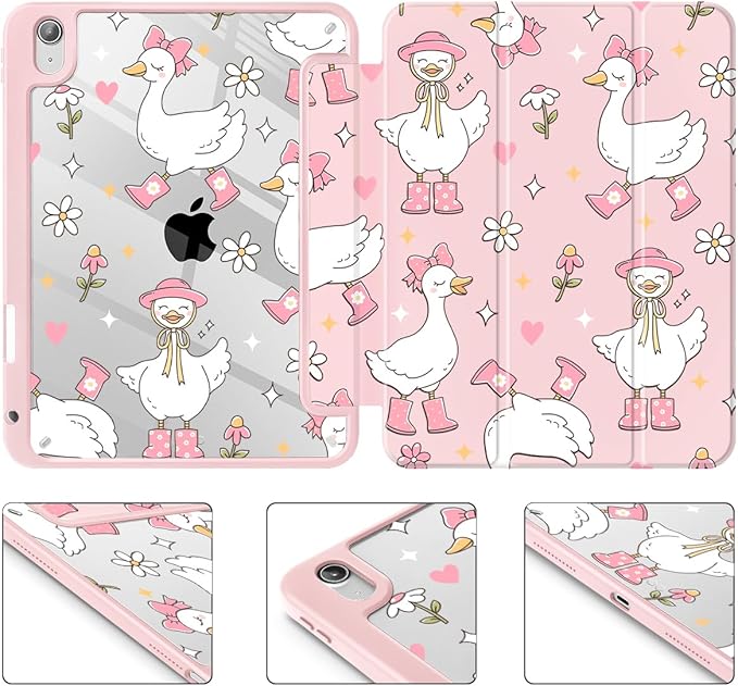 May Chen for iPad Air 11-inch M4/M3/M2 (2026/2025/2024) iPad Air 5th/4th 10.9 Inch - Shockproof Cover with Clear Back Shell &amp Penceil Holder Auto Wake/Sleep Stand Cover Cute Goose Spring
