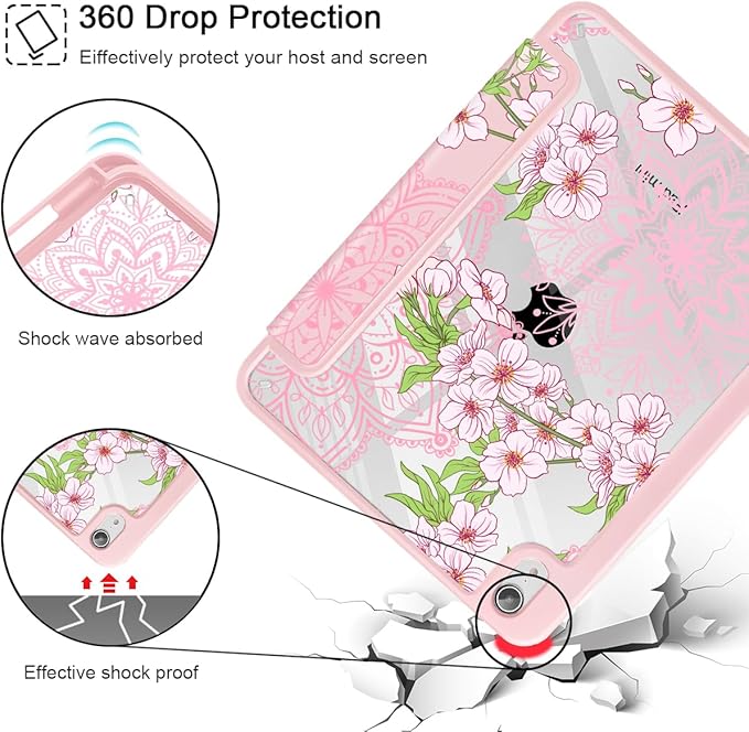 Mektron Printed Case for iPad mini 7 (A17 Pro) 2024/ Mini 6 2021 iPad mini 7th/6th Generation 8.3-inch Liquid Retina Display Cover Buit in Pencil Holder with Clear Back Shell Blossom Sakura-Pink