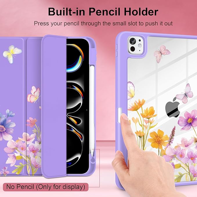 Case for iPad Pro 13 inch (M5) 2025 (M4) 2024 Release Slim Lightweight Cute Purple Cover with Clear Back TPU Edge Pencil Holder Trifold Stand Watercolor Flower