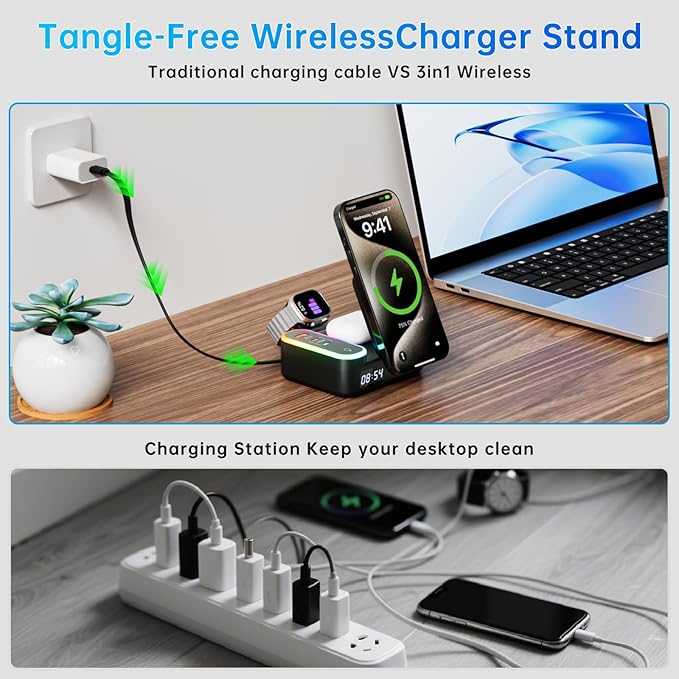 Qi2 Wireless Charger 8in1 Magnetic Wireless Charger Fast Charging Station for iPhone 65W Fast Foldable Charger with LED Clock USB-C/A Ports Multi-Device Charging Travel charged MagSafe Compatible