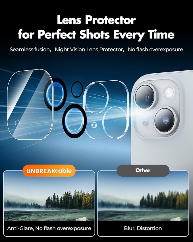 UNBREAKcable 2+2 Pack for iPhone 15 Screen Protector &amp Lens Protector [Military-Grade] [99% HD Clear] [Easy Install] 9H+ Shatterproof Tempered GlassBubble-Free &amp Anti-FingerprintCase Friendl