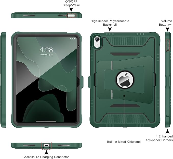 Soke Case for iPad (A16) 11th Generation 11-Inch 2025 /10th Generation 10.9-Inch 2022 with Screen Protector and Multi-Angle Kickstand Rugged Full Body Heavy Duty Protective Cover - Black Green