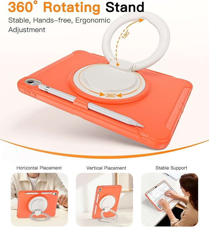 BATYUE Shockproof Case for iPad 10th Gen 10.9 2022 / 11th Gen (A16) 11 2025 | 360° Multi-Angle Stand (Portrait &amp Landscape) &amp Grip Built-in Screen Protector Pencil Holder Coral Orange