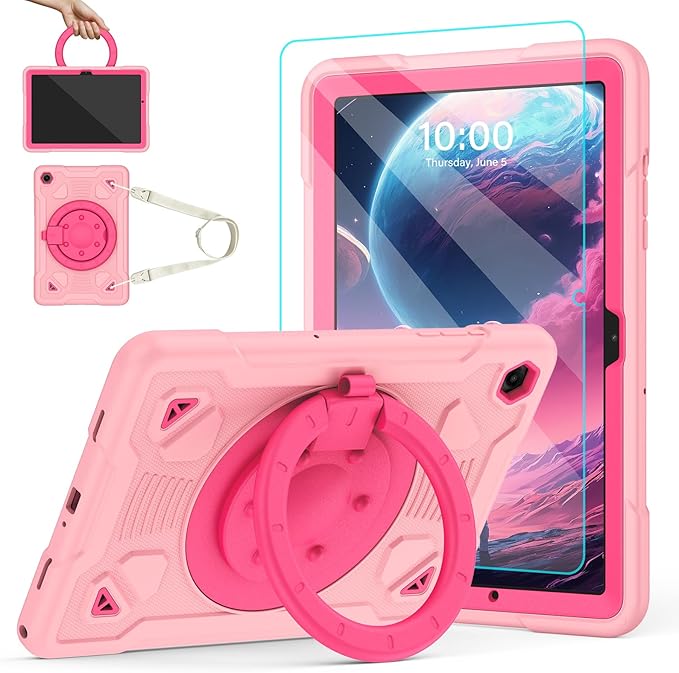 Case for Samsung Galaxy Tab A11+ Plus/ A9+ 11 inch 2025/2023 with Screen Protector 360°Rotating Stand &amp Shoulder Strap Pencil Holderfor Tab A11 Plus / A9 Plus Tablet Case Kids (Pink+Hot Pink)