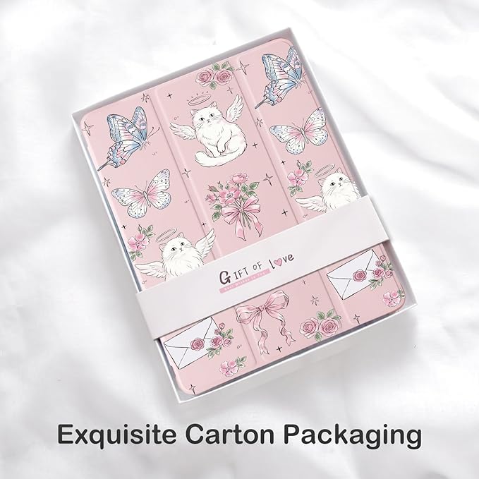 Cute Kawaii Cat Butterfly for iPad 7th/8th/9th Generation Case with Pencil Holder Auto Sleep/Wake Pink Leather Soft TPU Back Cover for iPad 10.2 Inch 2019/2020/2021