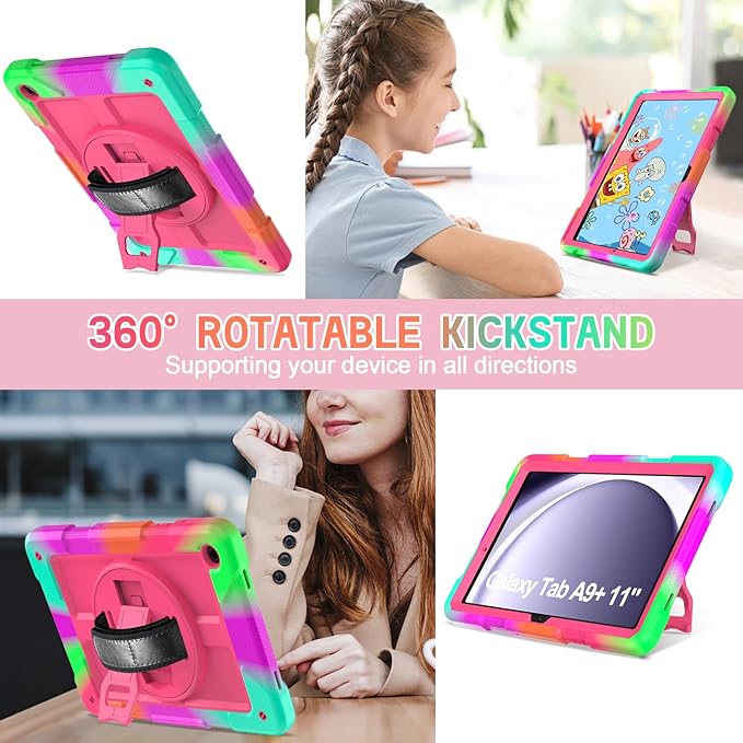 AVAWO Case for Samsung Galaxy Tab A9+ Plus 11 inch 2023 with 360° Swivel Handle Strap Cover with Lanyard Colorful Rose
