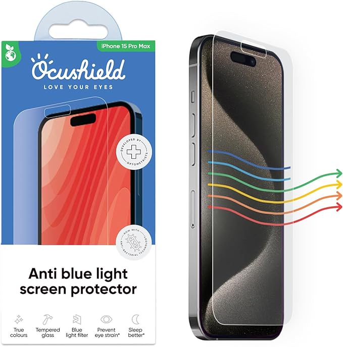 Ocushield Anti Blue Light Tempered Glass Screen Protector for iPhone 15 Pro Max (6.7) - Protect Your Eyes Reduce Migraines &amp Improve Sleep